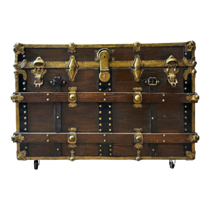 antique early american wooden steamer trunk with cedar brass black metal and crushed velvet 9119