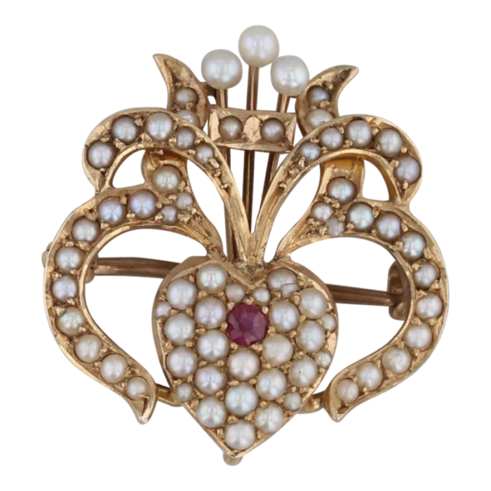 antique edwardian ornate heart brooch 14k yellow gold pearl ruby pin 5043