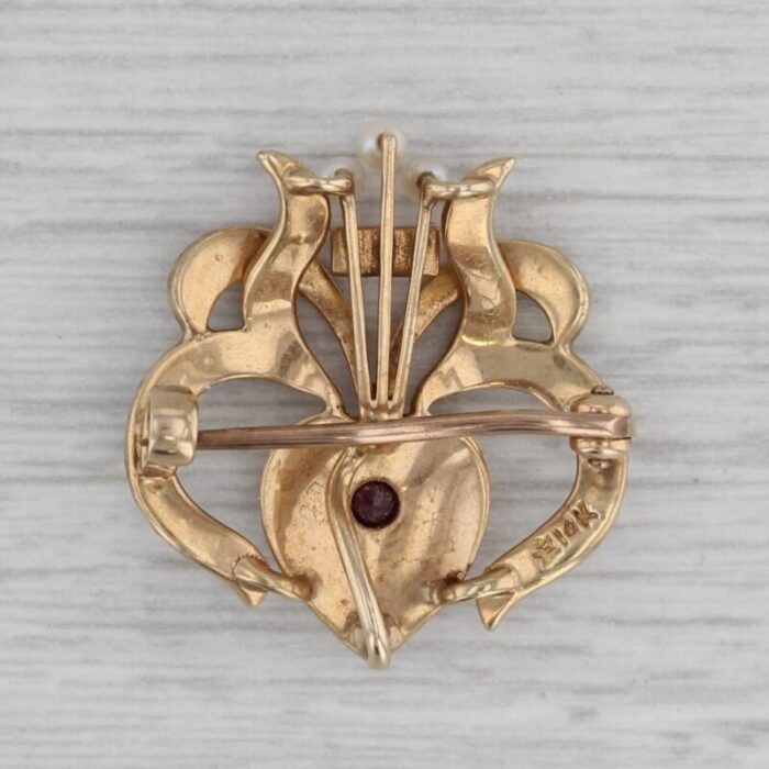 antique edwardian ornate heart brooch 14k yellow gold pearl ruby pin 9501