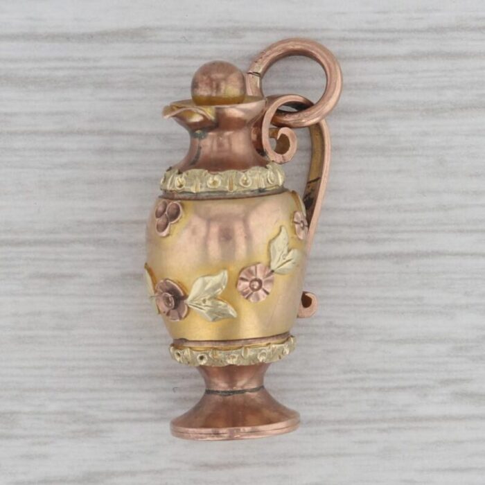 antique floral pitcher charm 12k rose yellow green gold 1800s figurine pendant 1891