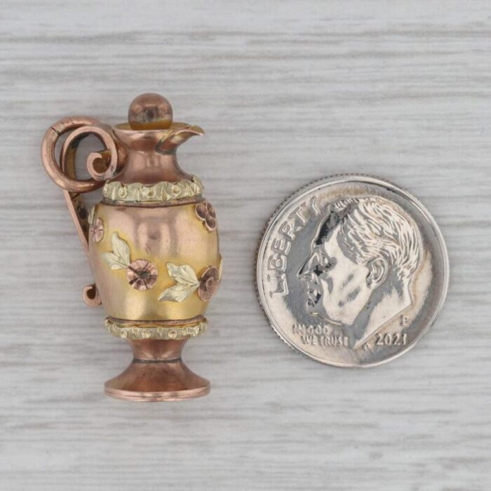 antique floral pitcher charm 12k rose yellow green gold 1800s figurine pendant 7729