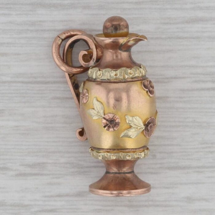 antique floral pitcher charm 12k rose yellow green gold 1800s figurine pendant 8979