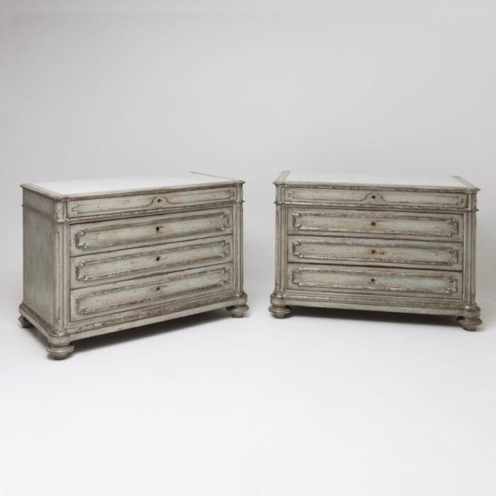 antique grey painted chests of drawers with marble tops 19th century set of 2 4624