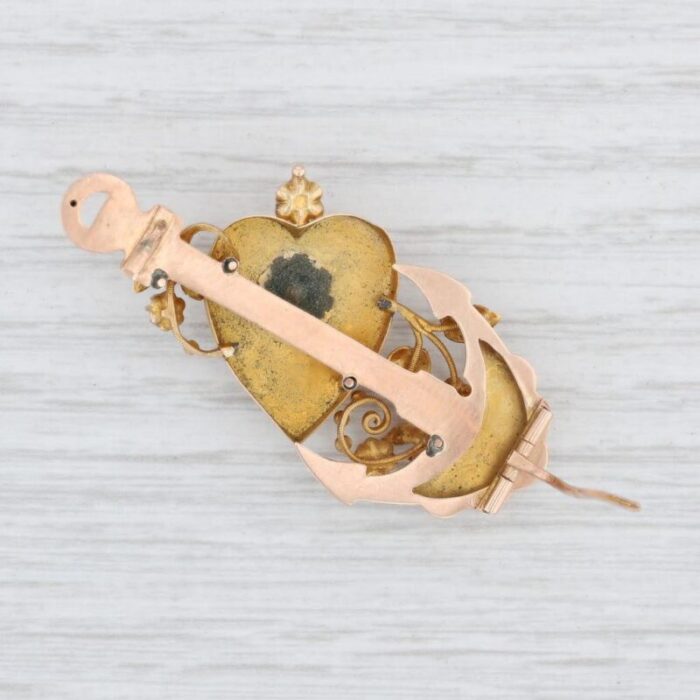 antique heart anchor brooch 10k 12k gold pearl diamond floral pin 6982