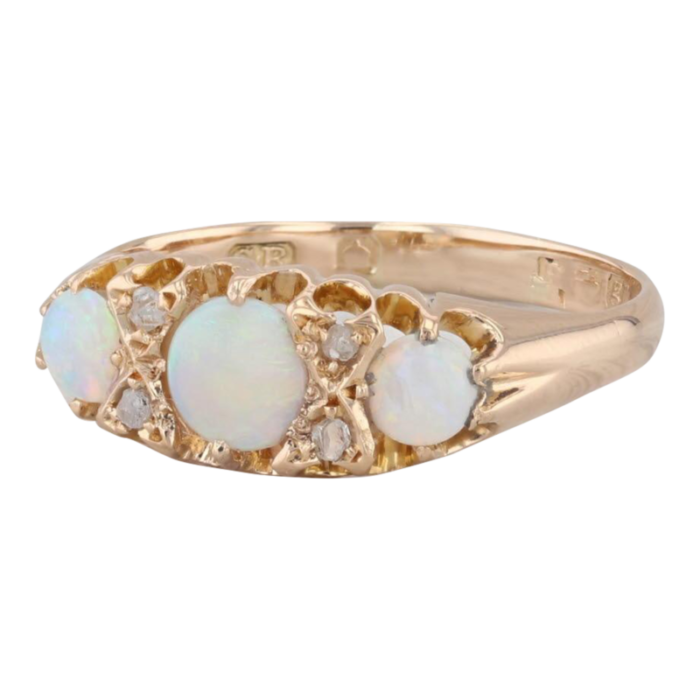 antique opal 3 stone ring 18k yellow gold size 8 diamond accents 5815