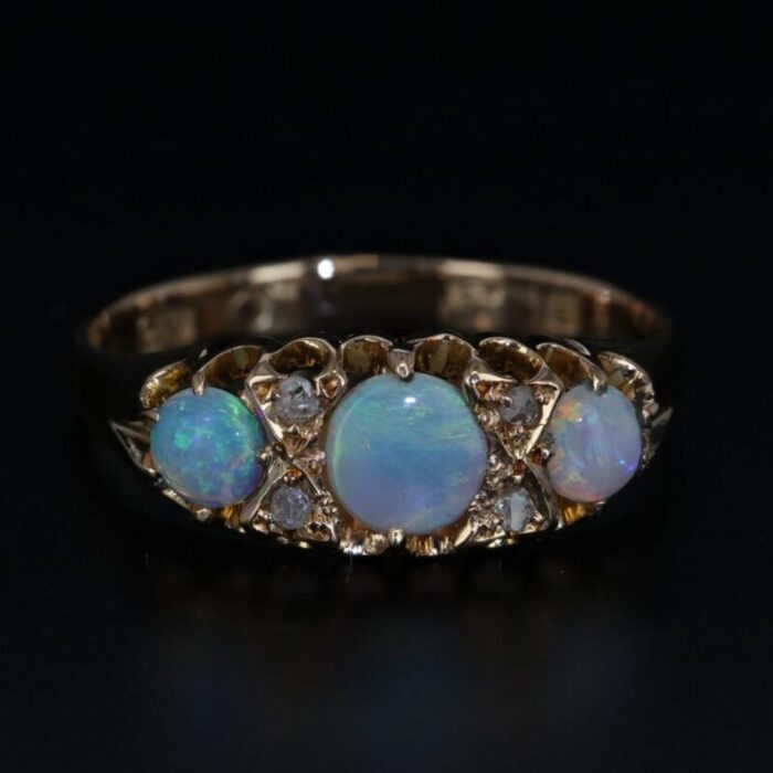 antique opal 3 stone ring 18k yellow gold size 8 diamond accents 6655