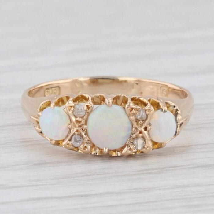 antique opal 3 stone ring 18k yellow gold size 8 diamond accents 8259