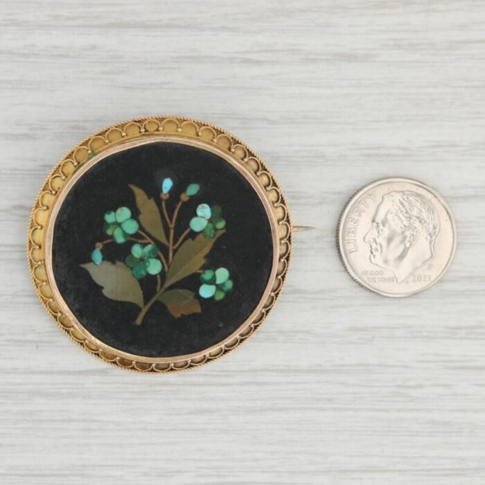 antique pietra dura floral brooch 14k gold turquoise flower mosaic 1800s pin 6823