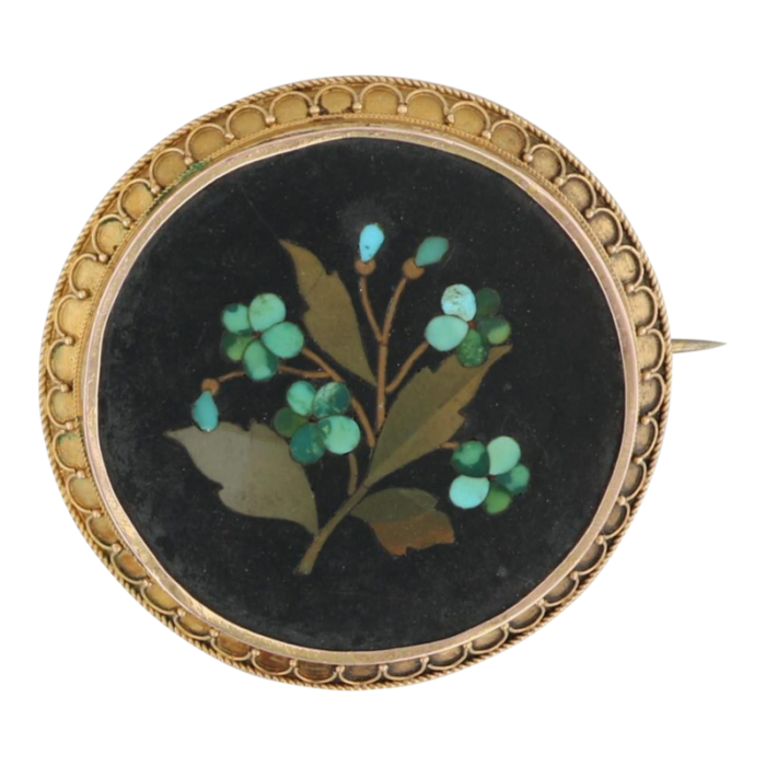 antique pietra dura floral brooch 14k gold turquoise flower mosaic 1800s pin 8031