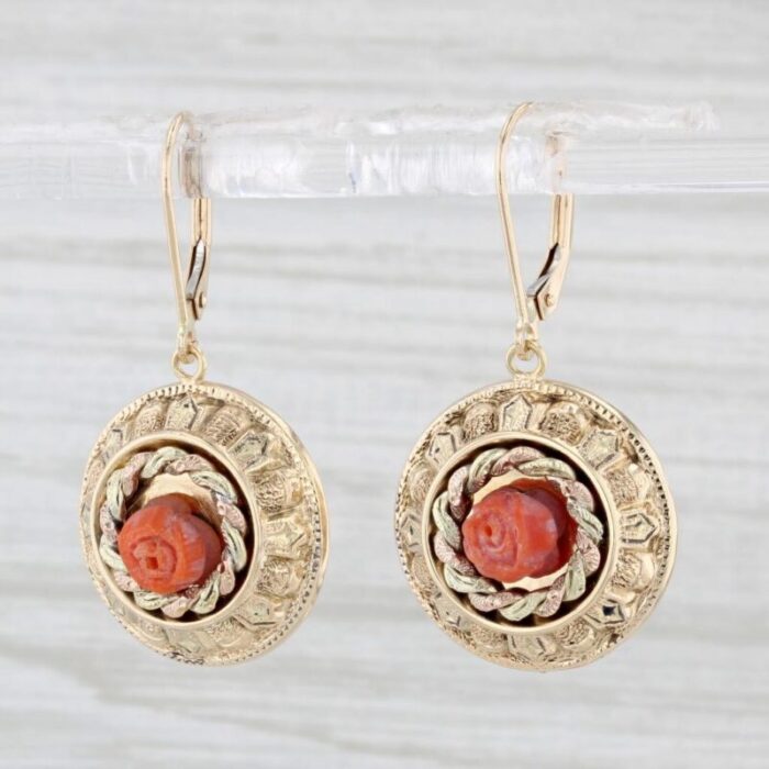 antique rose carved coral dangle earrings 14k yellow gold ornate drops 2 pieces 0102