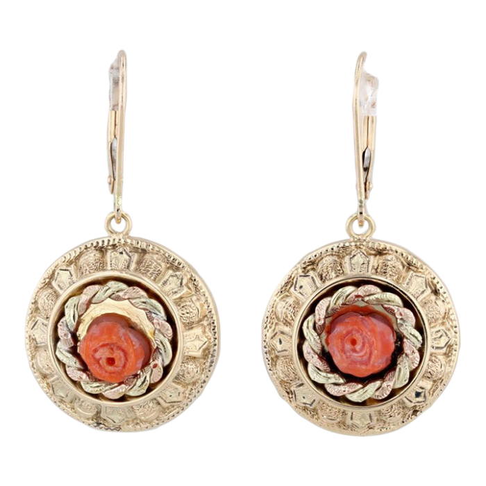 antique rose carved coral dangle earrings 14k yellow gold ornate drops 2 pieces 5508