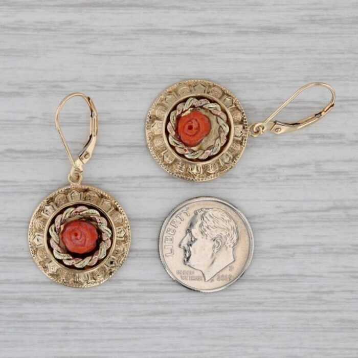 antique rose carved coral dangle earrings 14k yellow gold ornate drops 2 pieces 9515