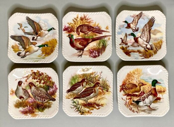 antique set of six royal adderley game birds appetizer dishes 7834