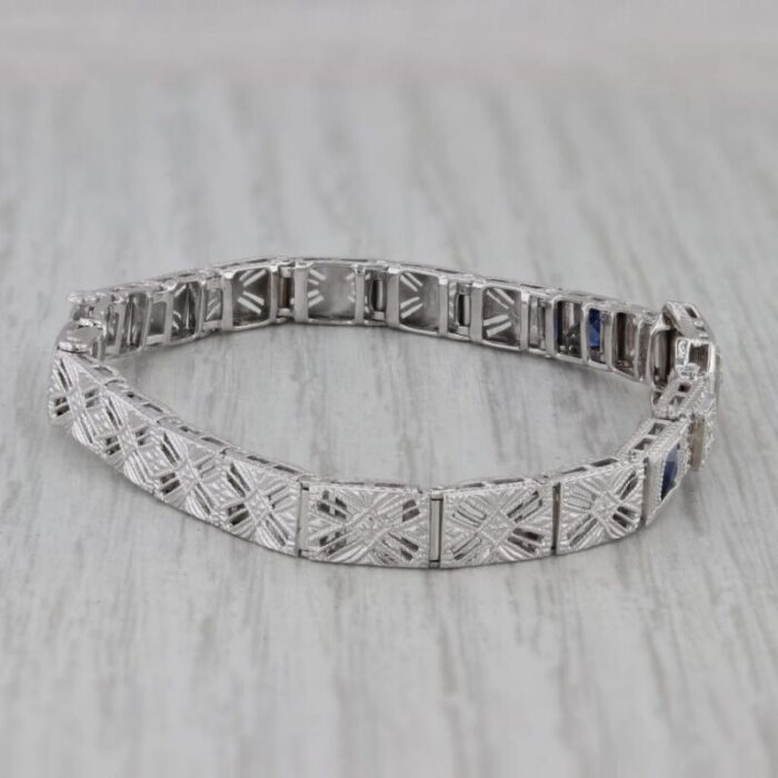 art deco 052ctw diamond lab created sapphire bracelet 14k white gold 575 7556