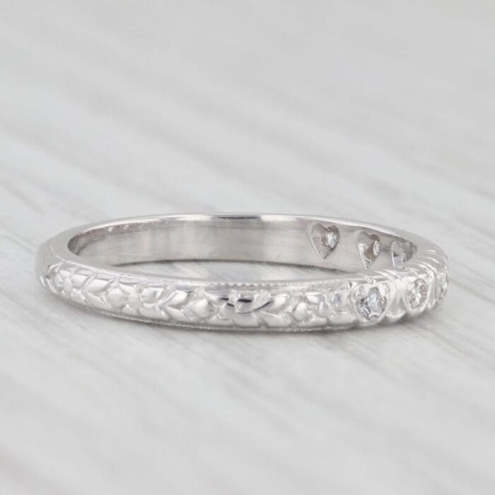 art deco diamond heart pattern band 18k white gold stackable wedding ring size 6 4797