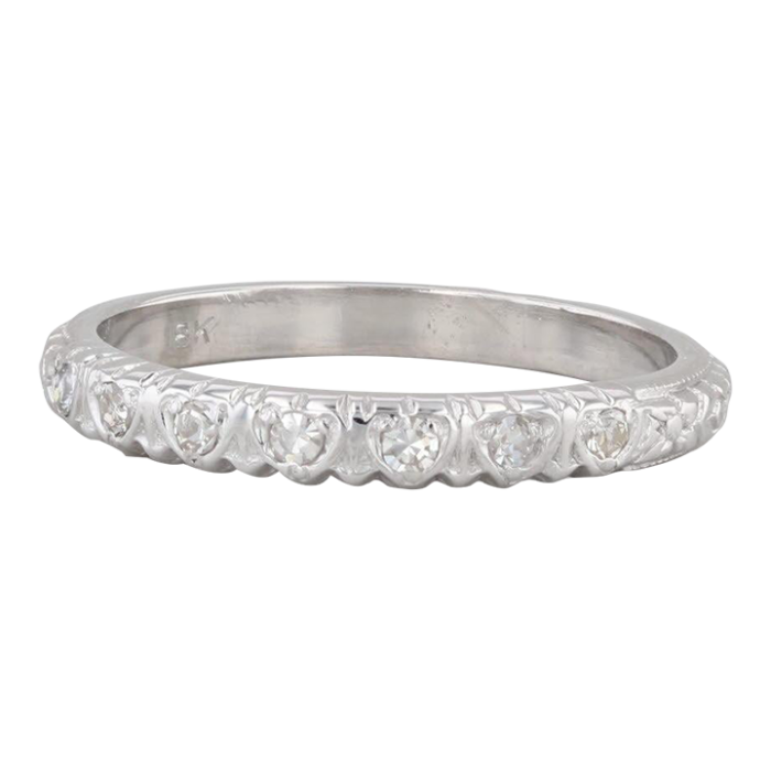 art deco diamond heart pattern band 18k white gold stackable wedding ring size 6 9700