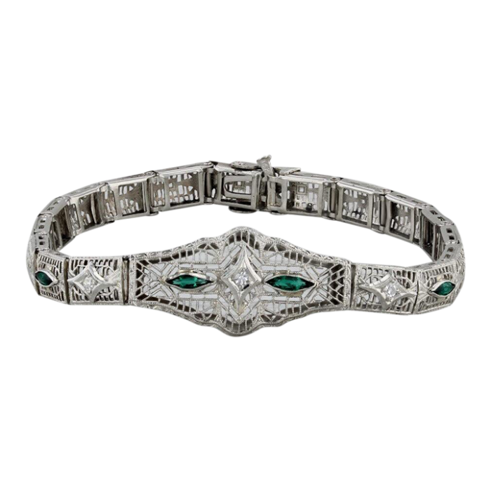 art deco diamond imitation emerald filigree bracelet 14k white gold 7 2237