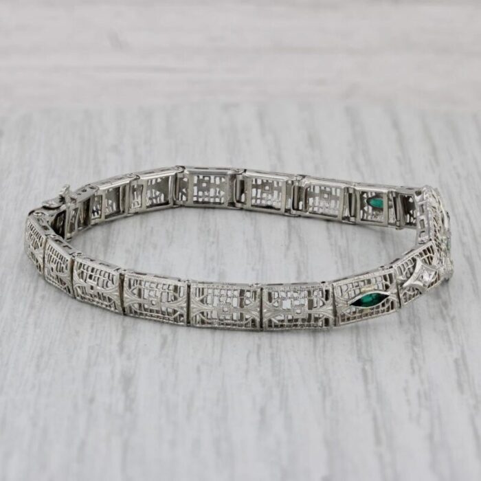 art deco diamond imitation emerald filigree bracelet 14k white gold 7 2634