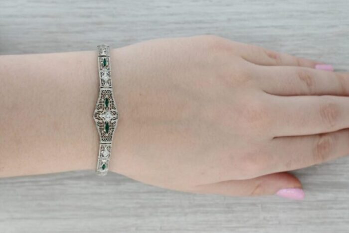 art deco diamond imitation emerald filigree bracelet 14k white gold 7 2951