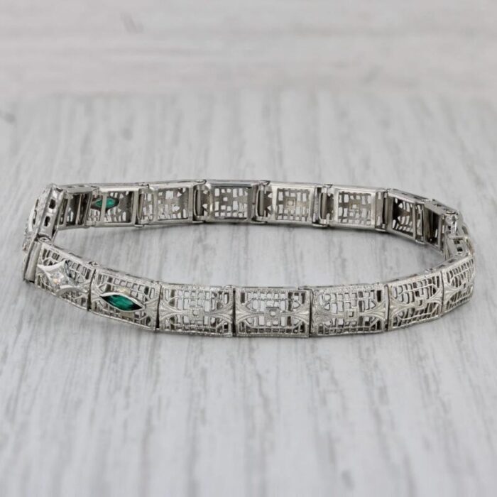 art deco diamond imitation emerald filigree bracelet 14k white gold 7 3787