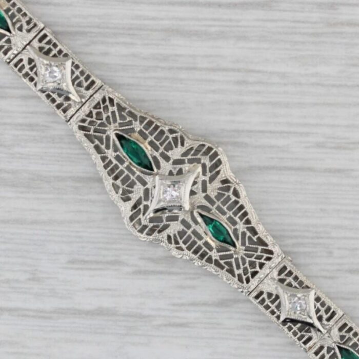 art deco diamond imitation emerald filigree bracelet 14k white gold 7 6231