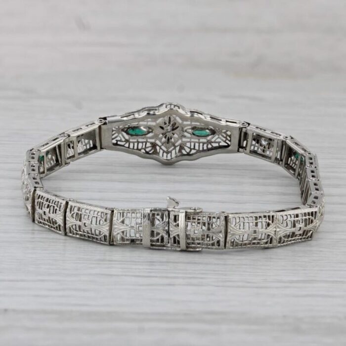 art deco diamond imitation emerald filigree bracelet 14k white gold 7 7243