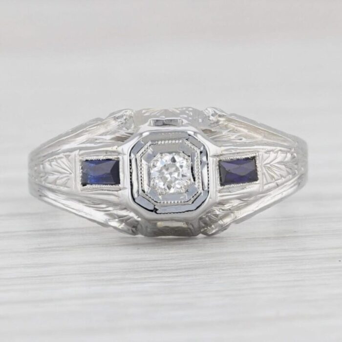 art deco diamond lab created sapphire ring 18k white gold engagement size 925 0967