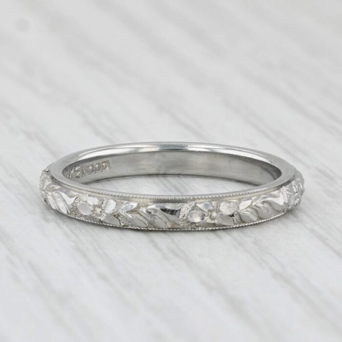 art deco floral womens wedding band 18k white gold size 65 stackable ring 0941