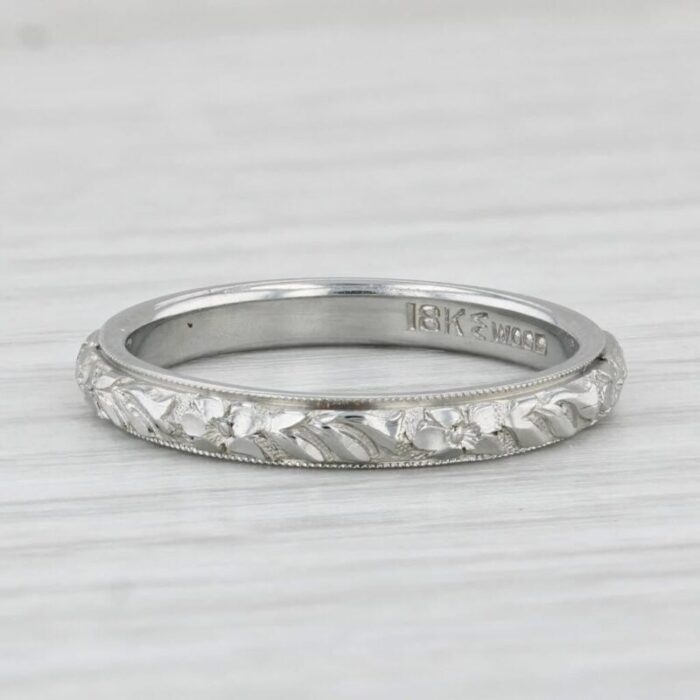 art deco floral womens wedding band 18k white gold size 65 stackable ring 2248