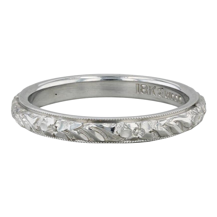 art deco floral womens wedding band 18k white gold size 65 stackable ring 3860