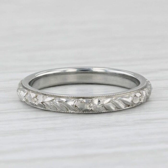 art deco floral womens wedding band 18k white gold size 65 stackable ring 6840