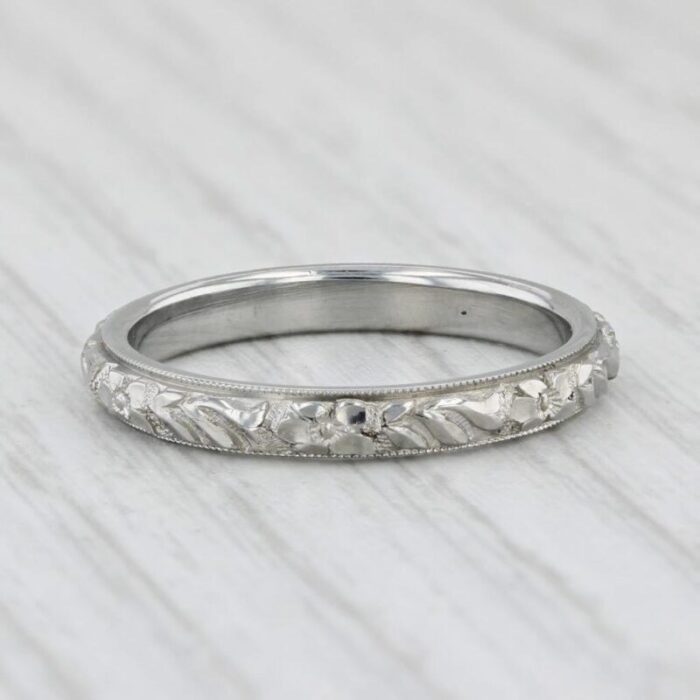 art deco floral womens wedding band 18k white gold size 65 stackable ring 9251