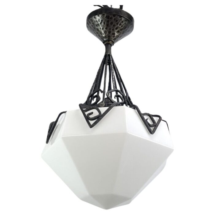 art deco hanging light in opal glass and wrought iron 1930s 1013