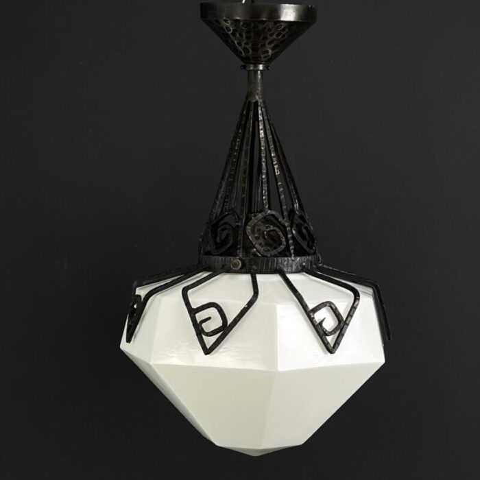 art deco hanging light in opal glass and wrought iron 1930s 1346