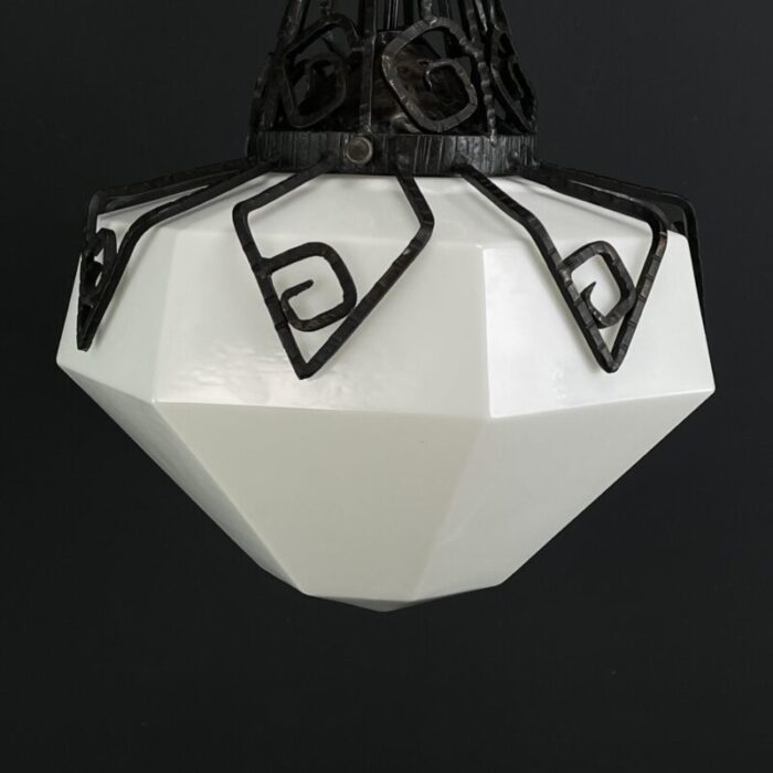 art deco hanging light in opal glass and wrought iron 1930s 2456