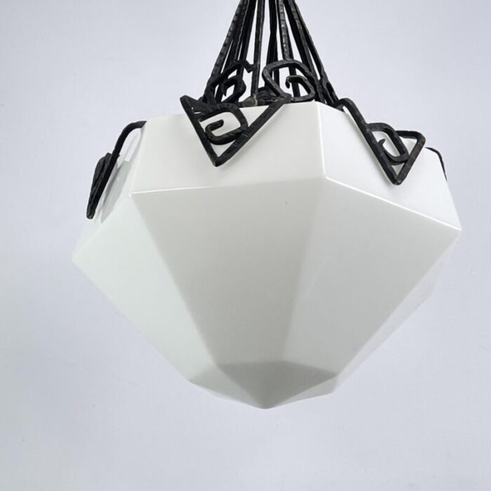 art deco hanging light in opal glass and wrought iron 1930s 4500