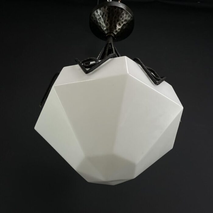 art deco hanging light in opal glass and wrought iron 1930s 8206