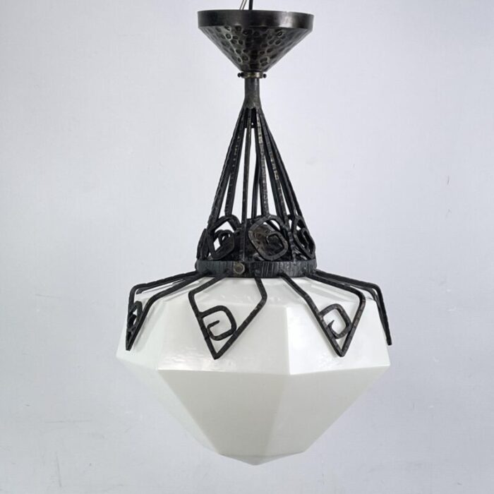 art deco hanging light in opal glass and wrought iron 1930s 8686