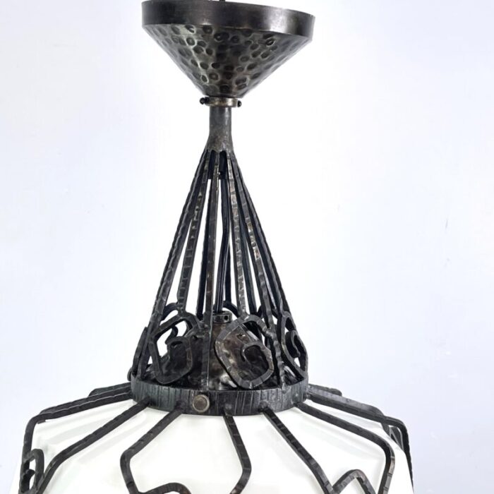 art deco hanging light in opal glass and wrought iron 1930s 9094