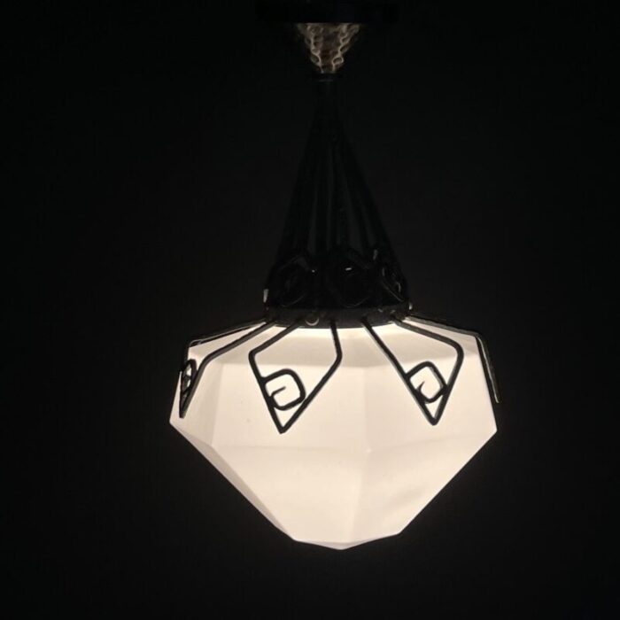 art deco hanging light in opal glass and wrought iron 1930s 9697