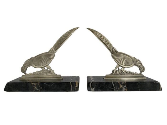 art deco pheasants bookends in silver metal with marble carrier 1930 set of 2 1