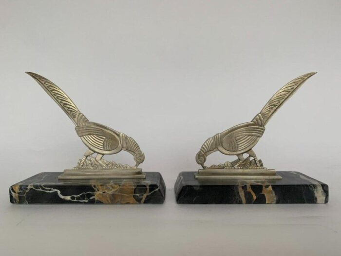 art deco pheasants bookends in silver metal with marble carrier 1930 set of 2 2