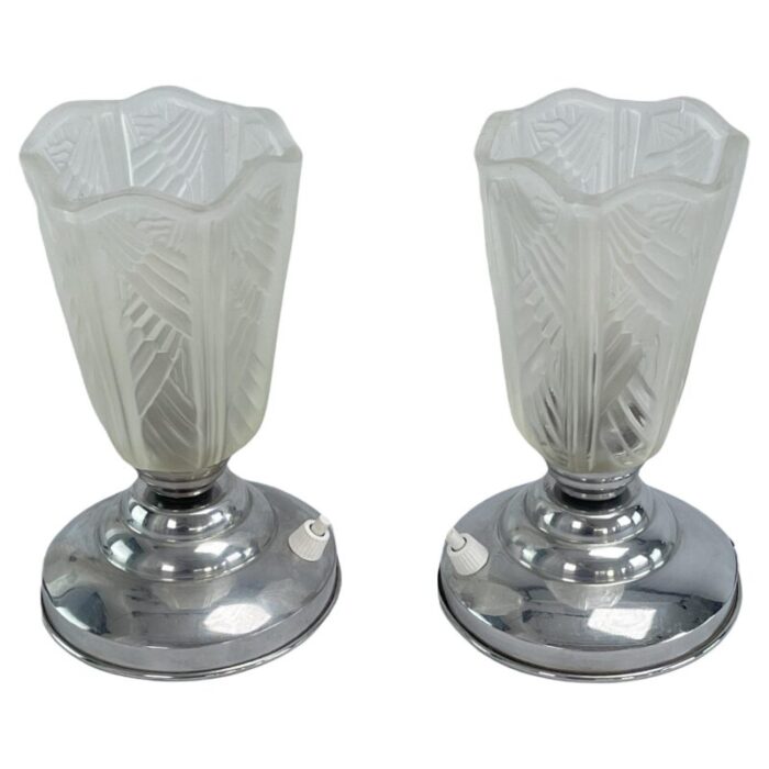 art deco table lamps in chrome with geometric glass 1930s set of 2 3808