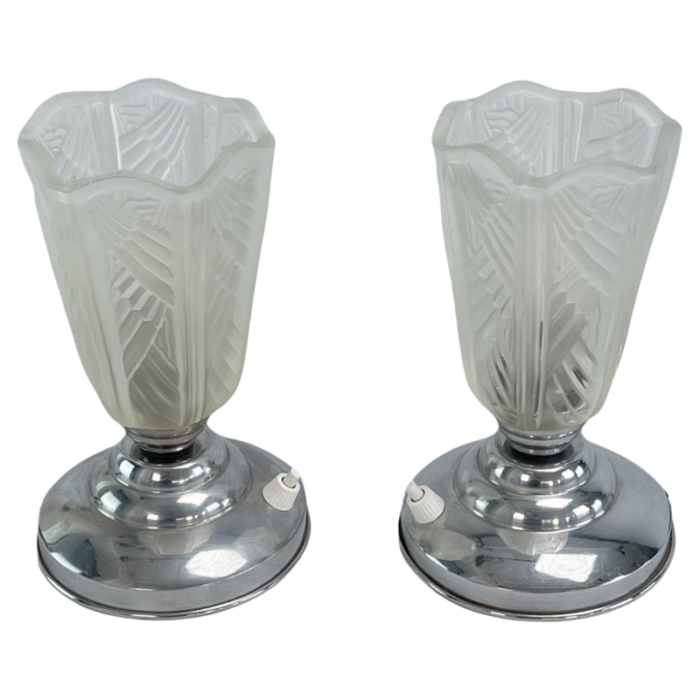 art deco table lamps in chrome with geometric glass 1930s set of 2 4047