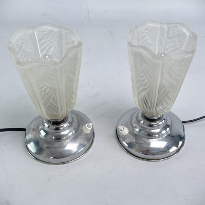 art deco table lamps in chrome with geometric glass 1930s set of 2 4467