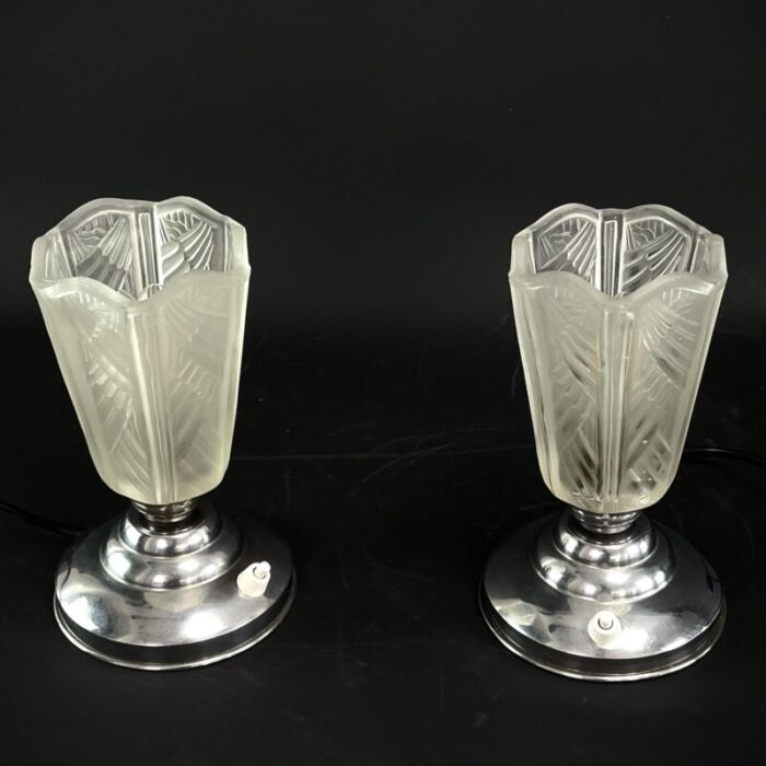 art deco table lamps in chrome with geometric glass 1930s set of 2 5759