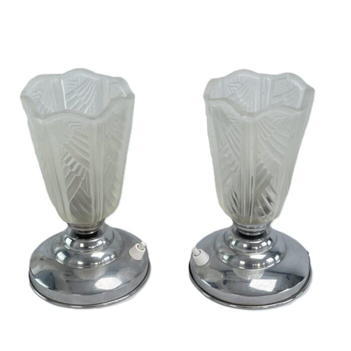 art deco table lamps in chrome with geometric glass 1930s set of 2 6732