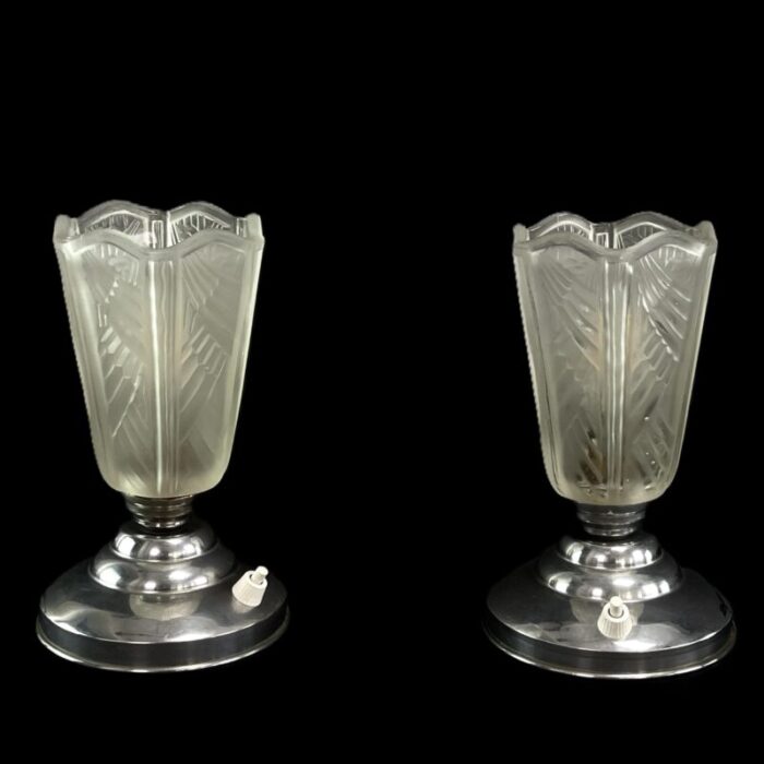 art deco table lamps in chrome with geometric glass 1930s set of 2 9447