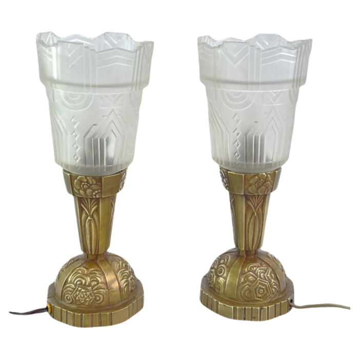 art deco table lamps with geometric glass 1930s set of 2 0723