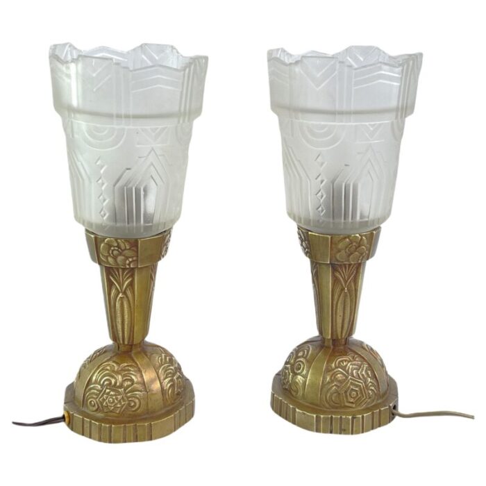 art deco table lamps with geometric glass 1930s set of 2 1082